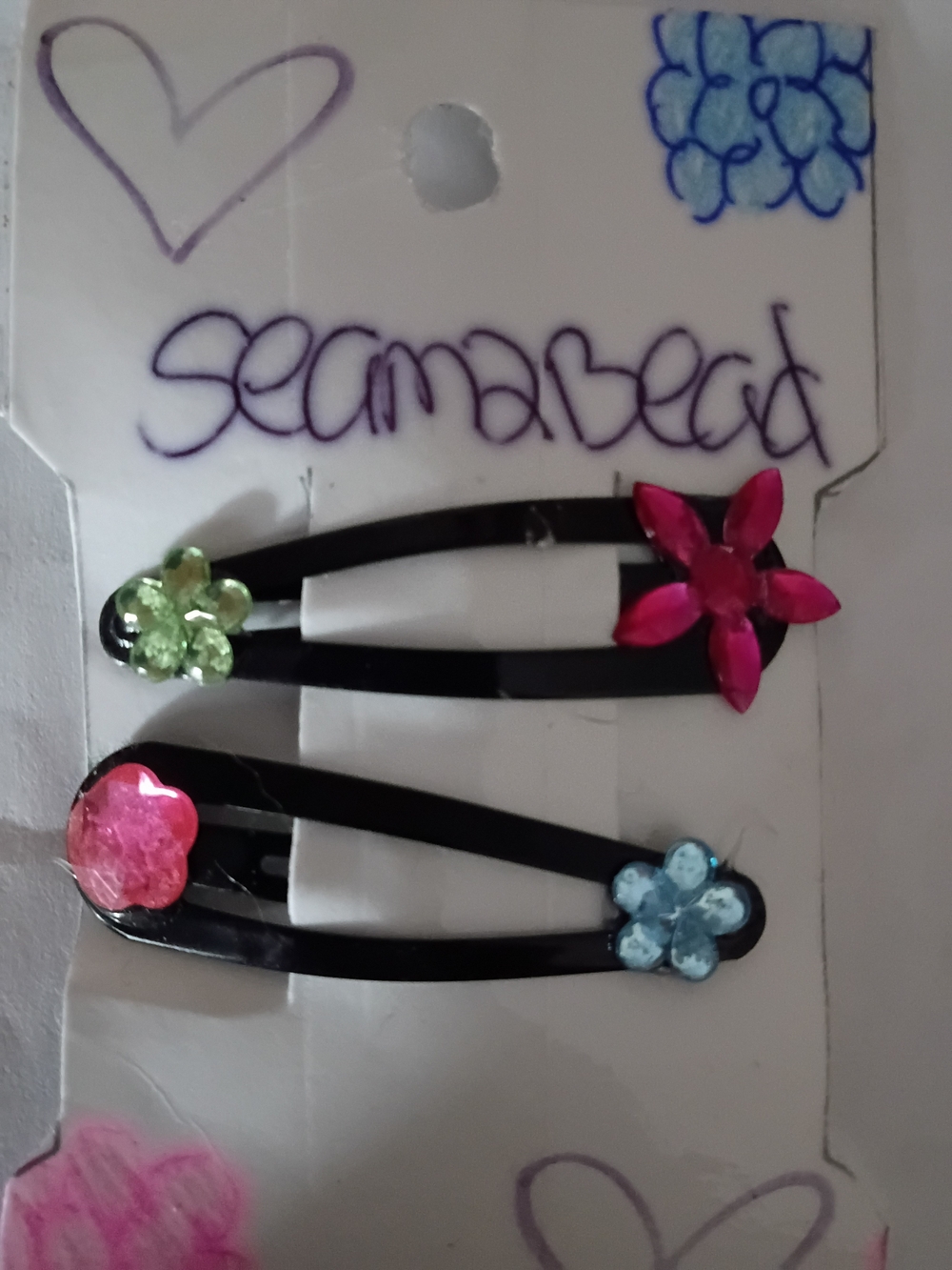 Handmade Floral Jewel Black Snap Clips - Pink, Green, Blue